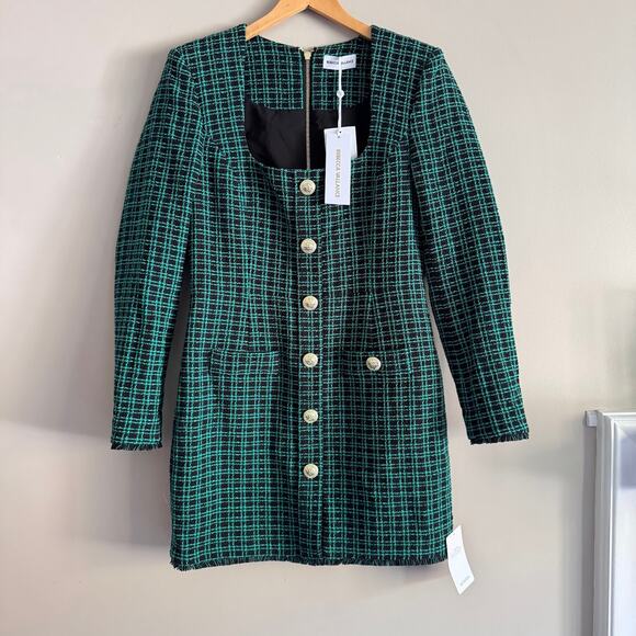 Rebecca Vallance Becca Green Black Check Long Sleeve Mini Dress US 8 UK 12 New - Picture 2 of 11